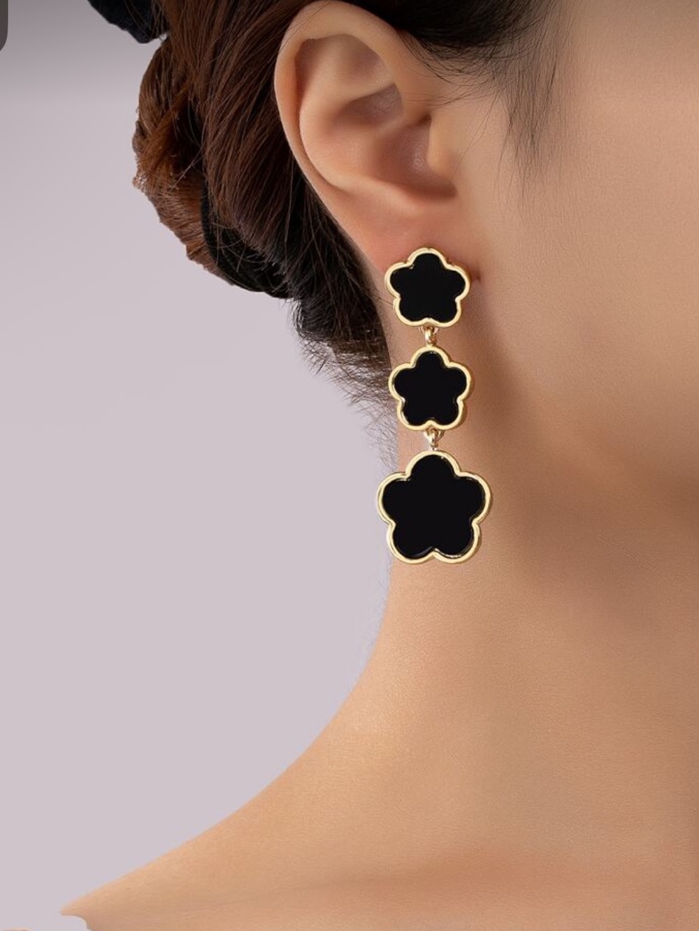 Gold-Trim Black Triple Flower Drop Earrings